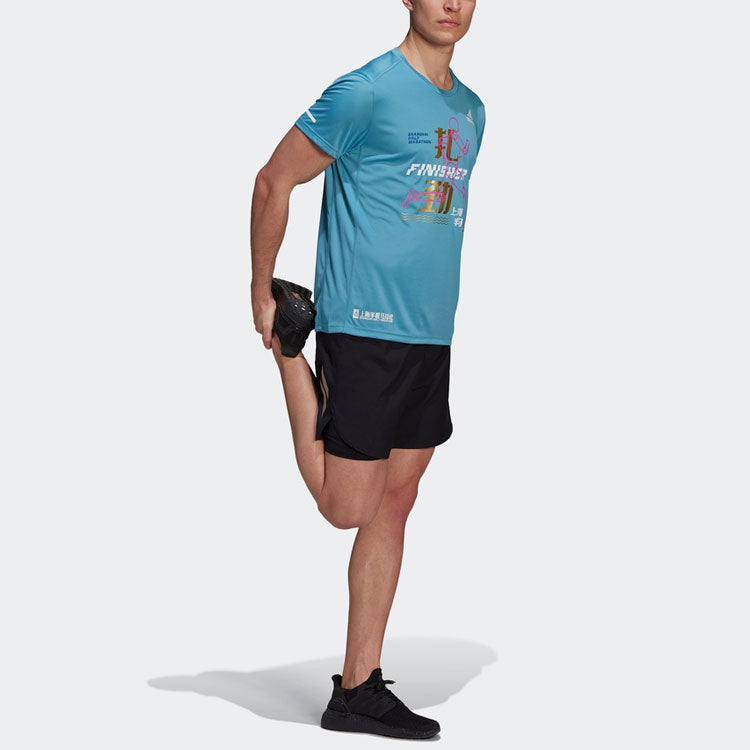 adidas Finisher T Word Printing Running Sports Short Sleeve Blue H41325