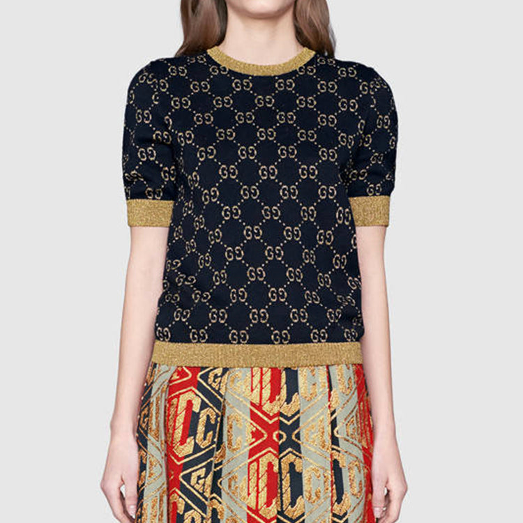 (WMNS) Gucci GG Cotton Silk Short Sleeve Top Shirt NavyBlue 526759-X9W83-4921