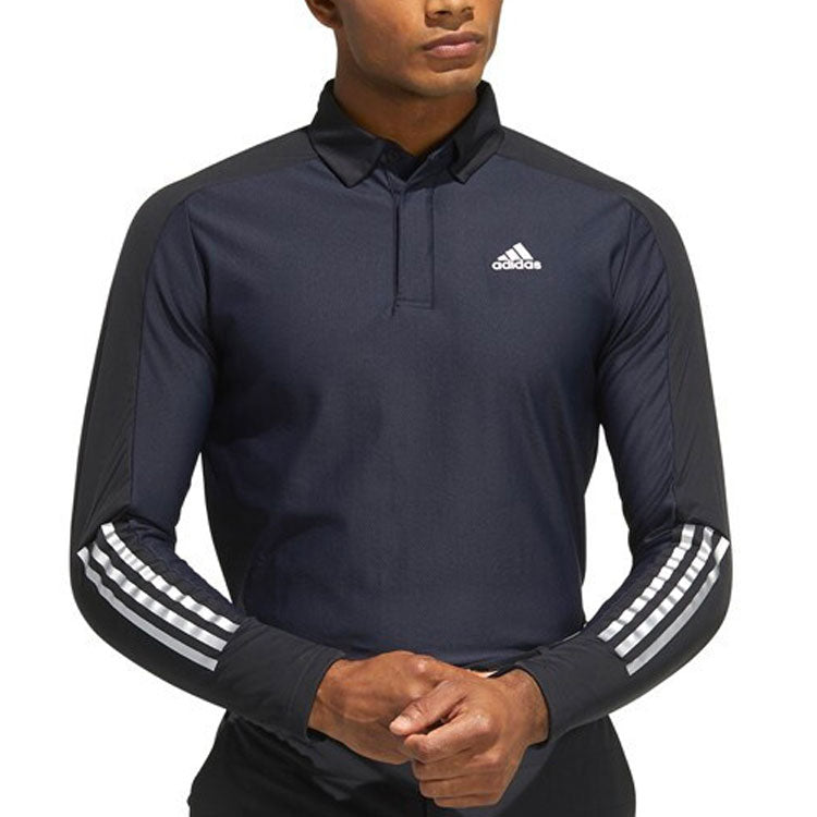 adidas Solid Color Logo Stripe Fleece Lined Golf Sports Long Sleeves Polo Shirt Black GT3424