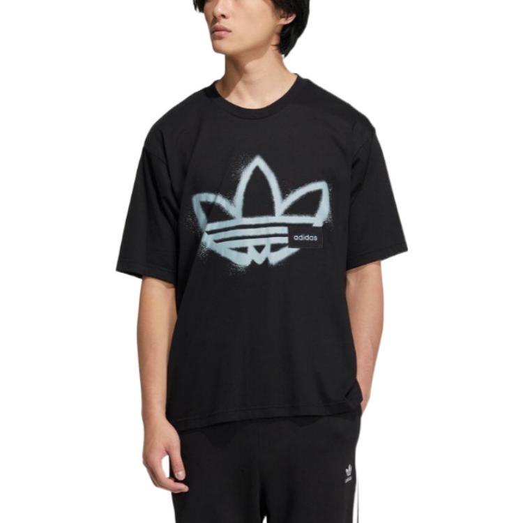 adidas originals Round Neck Dropped Shoulder Sleeves Large Logo Printing Short Sleeve Unisex Black T-Shirt HS2007