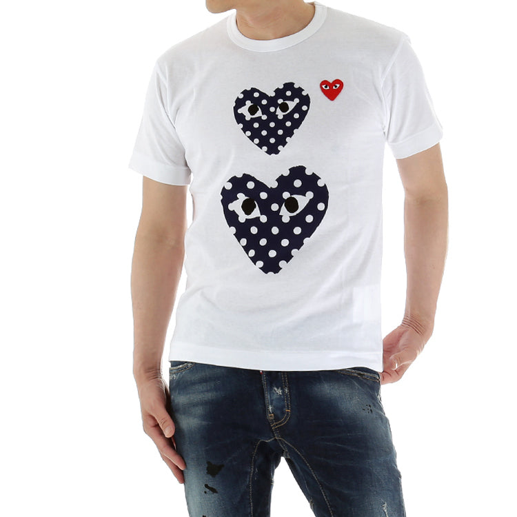 COMME des GARCONS PLAY Blue polka dots Large Small Pattern Short Sleeve White AZT238