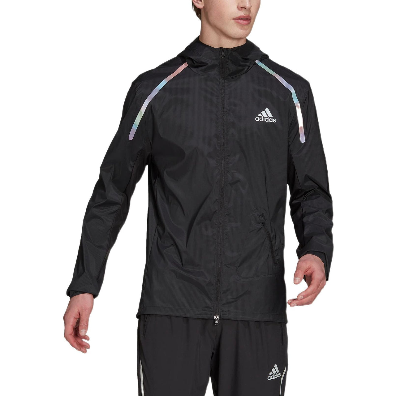 Men's adidas Solid Color Logo Printing Sports Hooded Long Sleeves Jacket Black HK5637