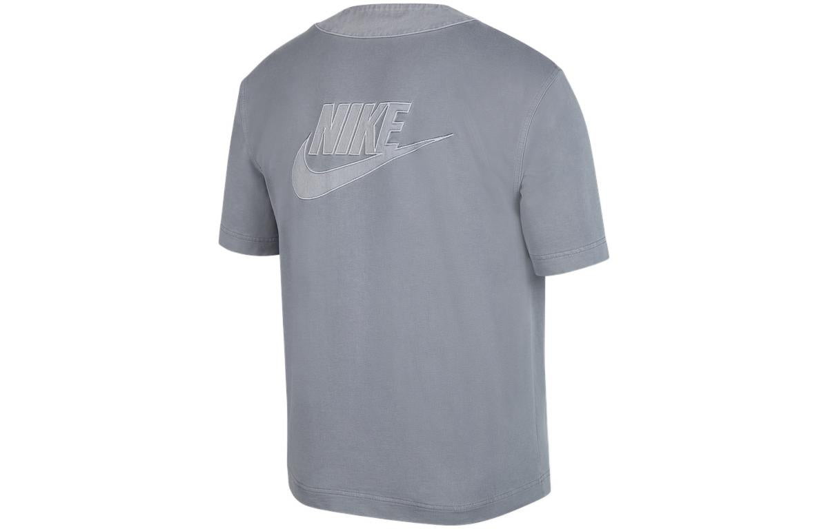 Men's Nike French Terry Loose Logo Splicing Sports Cardigan Short Sleeve Gray T-Shirt DM6900-073