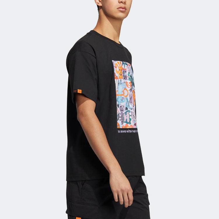 Men's adidas originals SS22 Cartoon Printing Sports Round Neck Pullover Short Sleeve Black T-Shirt HR6453
