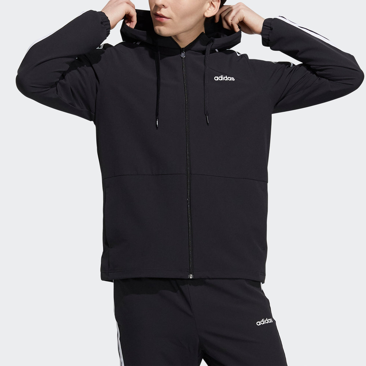 Men's adidas neo Ce 3s Wndbrk Casual Sports Stripe Hooded Jacket Black H14196