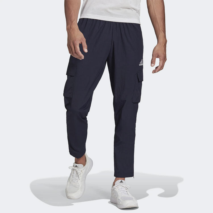 Men's adidas Solid Color Logo Cargo Pocket Casual Sports Pants/Trousers/Joggers Blue HE1860
