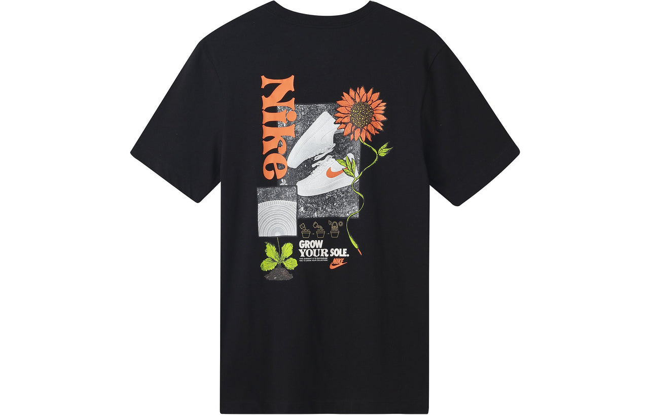 Men's Nike Logo Plant Pattern Printing Round Neck Casual Short Sleeve Black T-Shirt DQ1034-010
