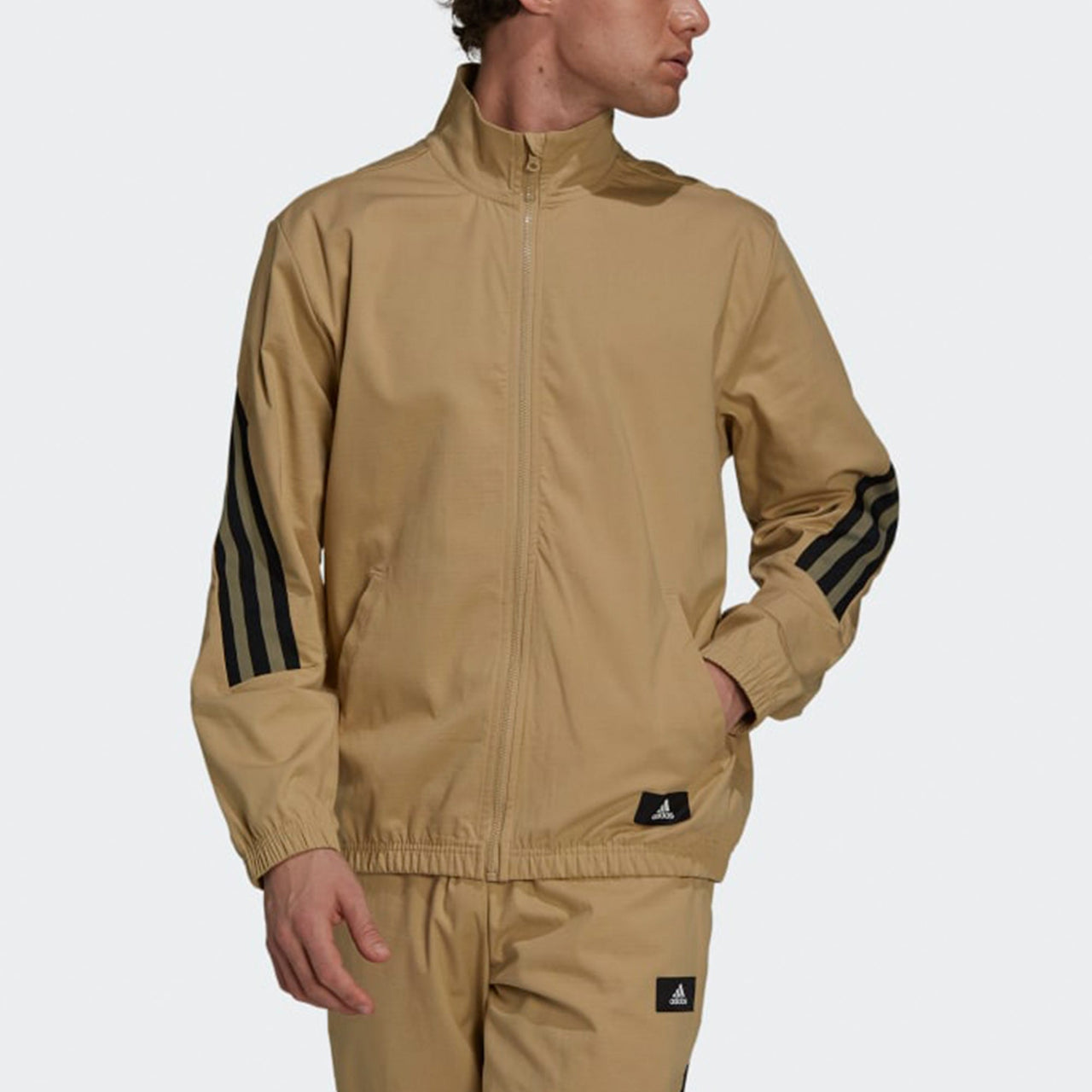 adidas M Future Icon Contrasting Colors Stripe Splicing Woven Stand Collar Sports Logo Jacket Khaki GT0118
