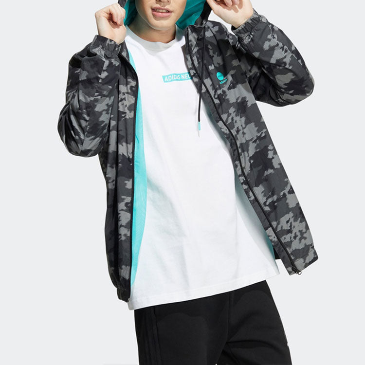 Men's adidas neo Camouflage Alphabet Stripe Woven Athleisure Casual Sports Hooded Jacket Black HC9707