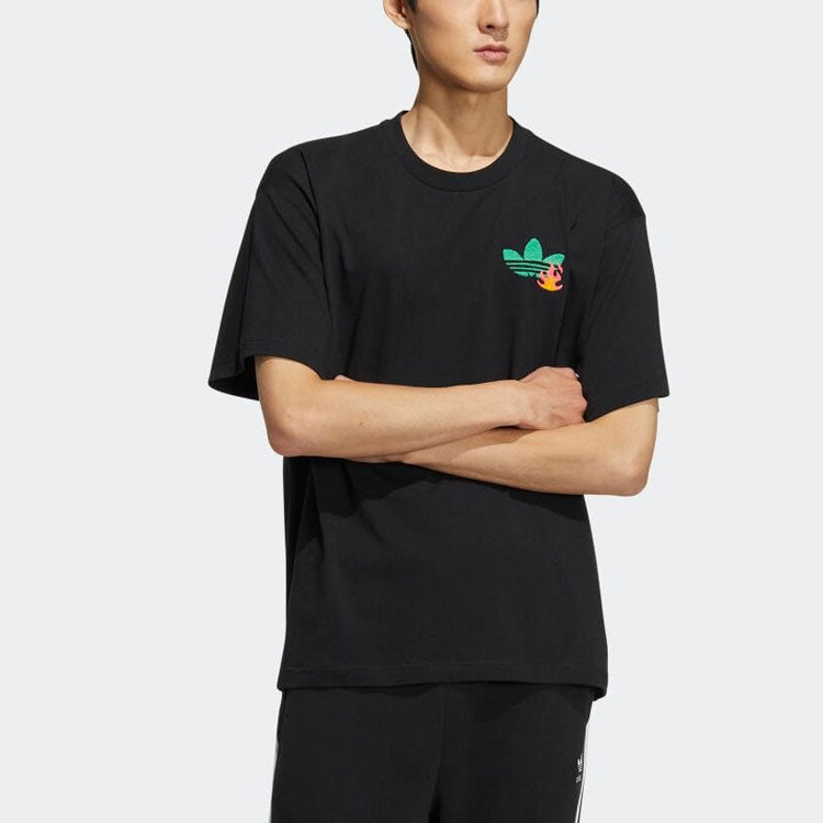 adidas Logo Cartoon Pattern Embroidered Round Neck Short Sleeve Black T-Shirt HM8041
