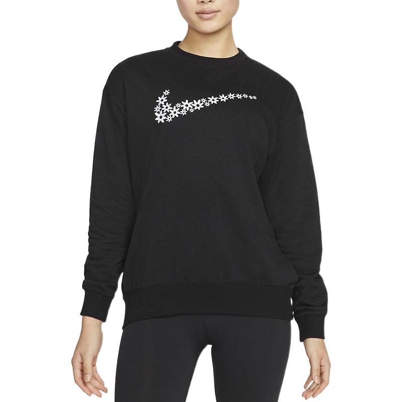 (WMNS) Nike Flowers Logo Printing Round Neck Fleece Lined Long Sleeves Pullover Black Hoodie DM6310-010