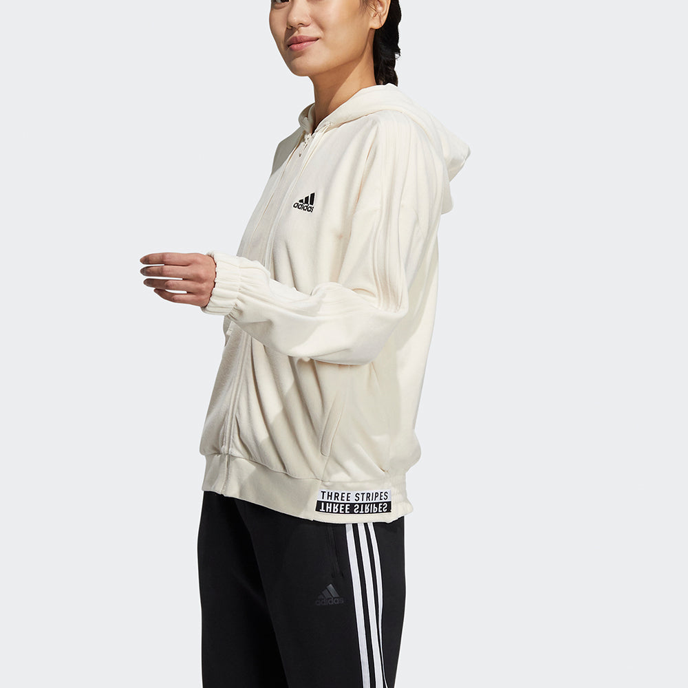 (WMNS) adidas Velour Jkt Small Logo Drawstring Hooded Jacket Creamy White HG1836