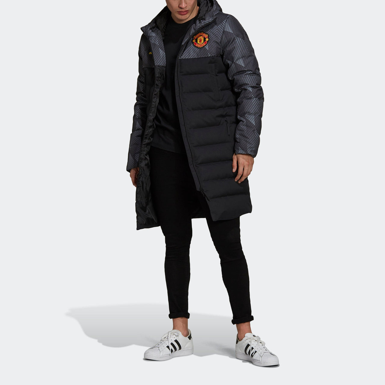 adidas Mufc Ssp Down Manchester United Soccer/Football Sports hooded mid-length Down Jacket Black GR3884