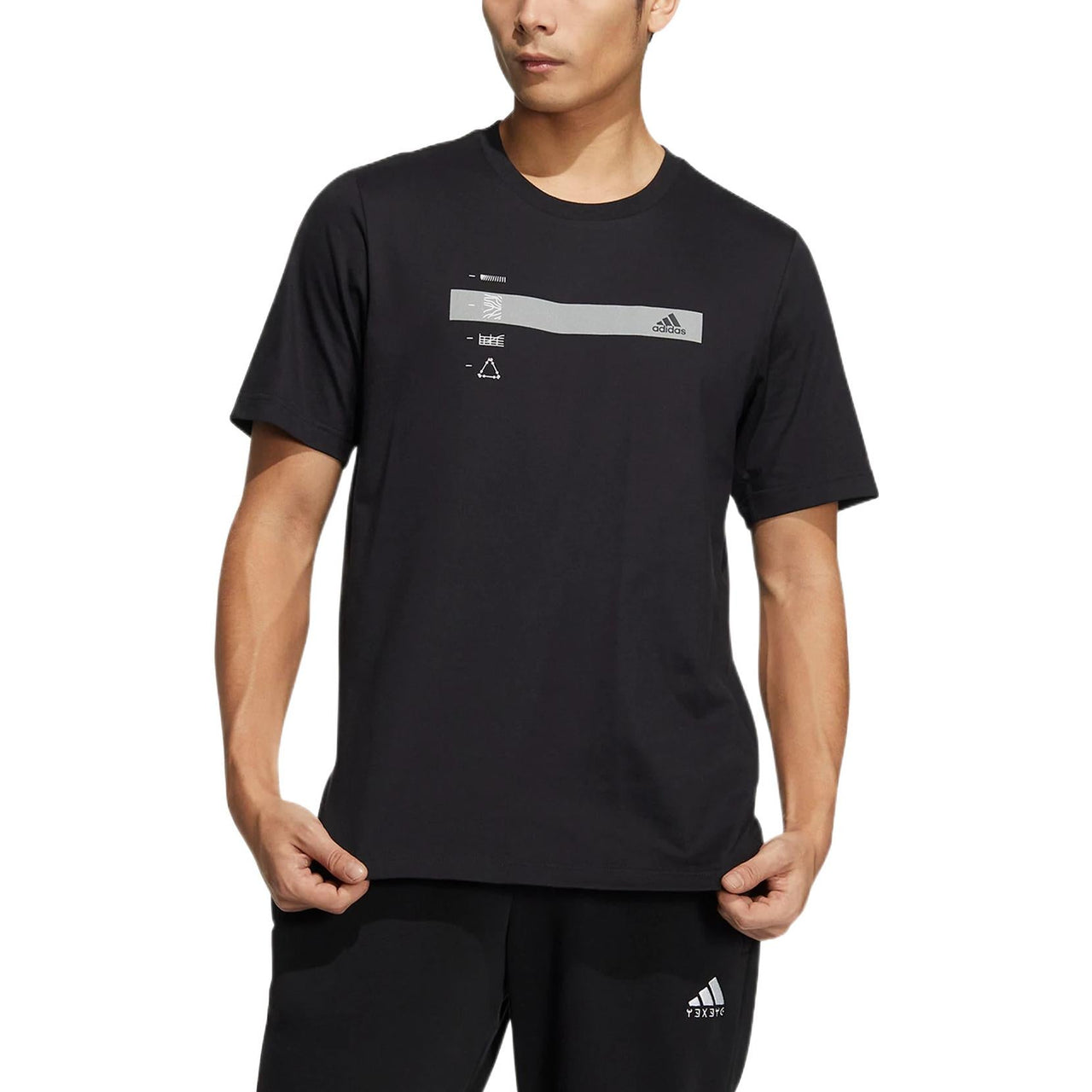 Men's adidas Stripe Printing Sports Short Sleeve Black T-Shirt HM5150