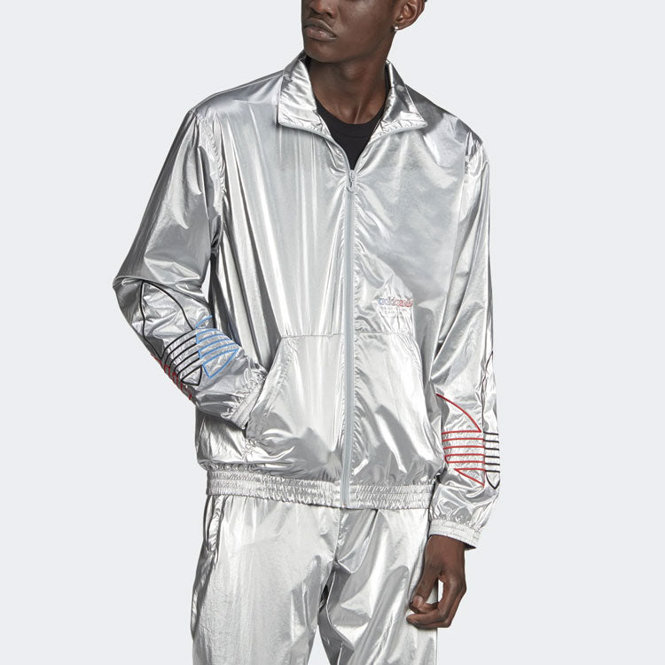 adidas originals Embroidered Logo Sports Stand Collar Jacket Silver GN4208