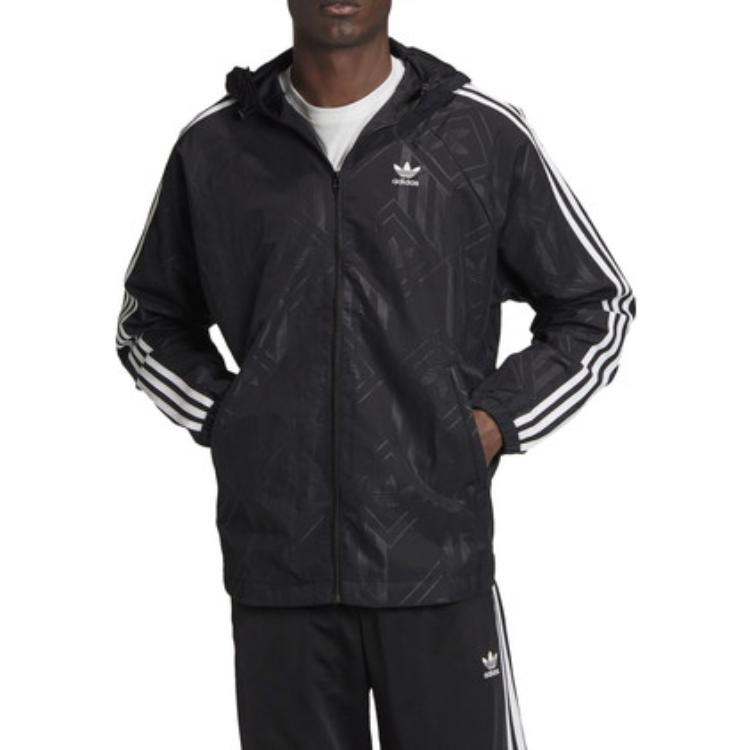 Men's adidas originals Stripe Logo Casual Sports Hooded Jacket Autumn Black GD5844