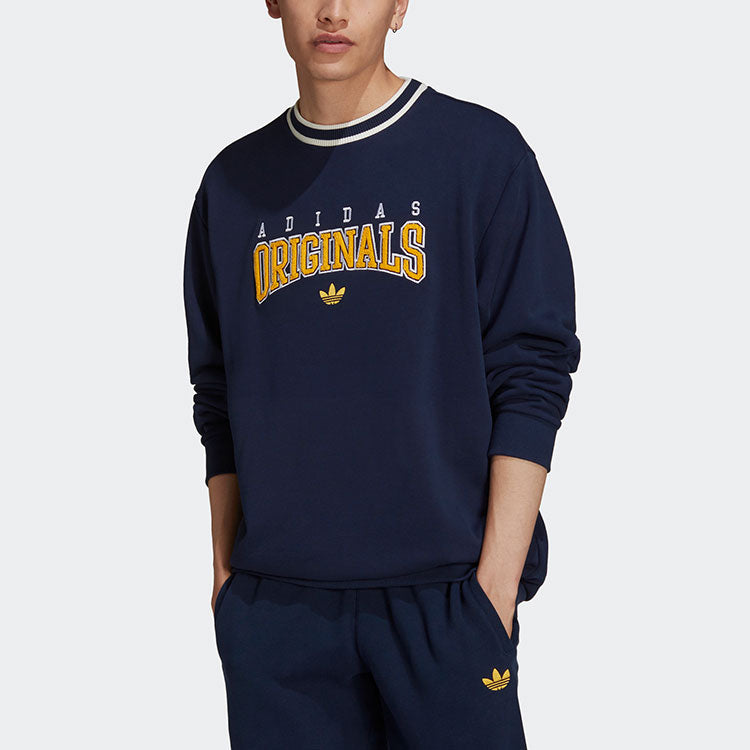 Men's adidas originals SCRIPT CREW Printing Sports Round Neck Navy Blue HF9224