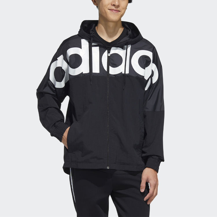 adidas Large Logo Contrast Color Stitching Athleisure Casual Sports Hooded Jacket Black HD4700