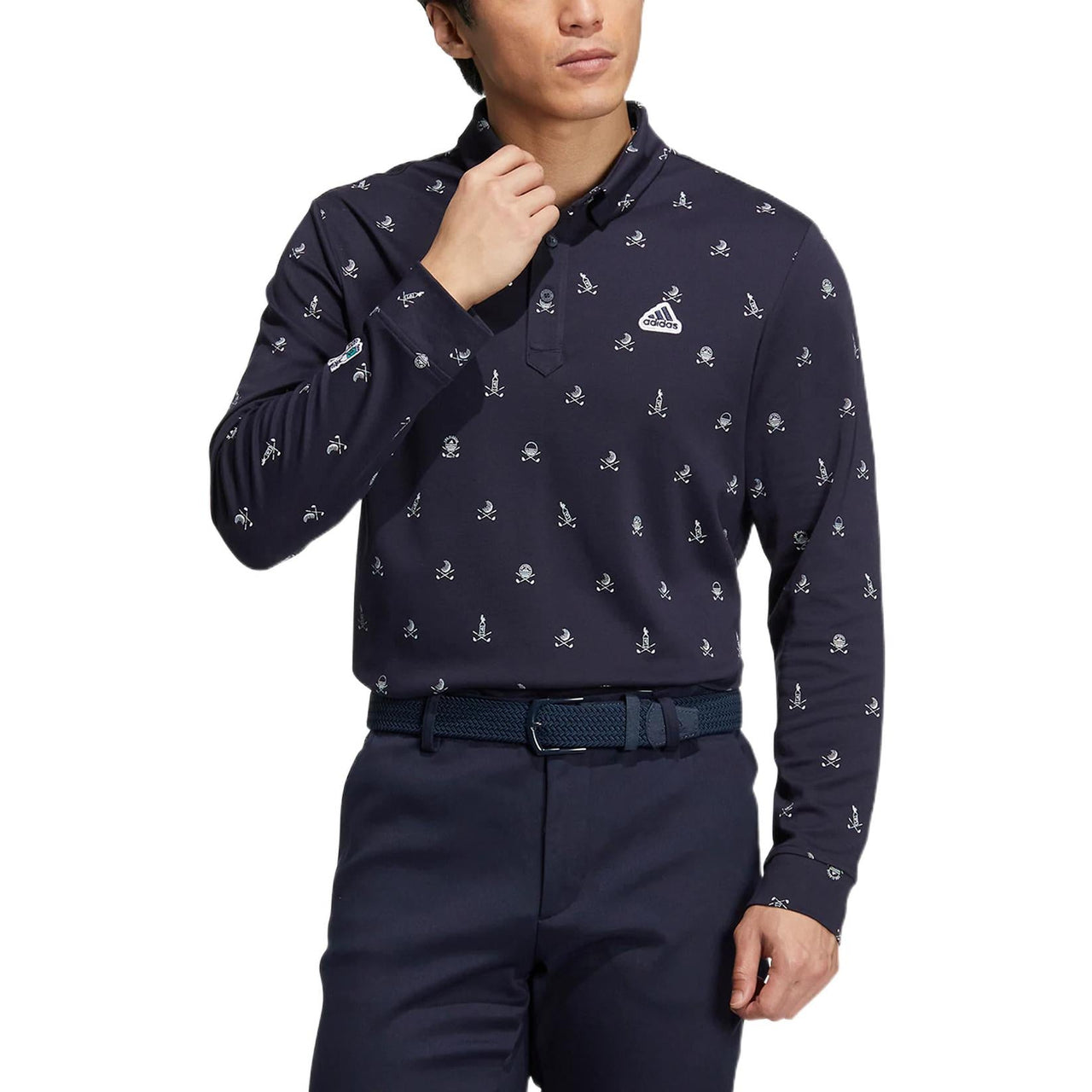Men's adidas Solid Color Logo Full Print Sports Long Sleeves Dark Blue Shirt HG5794