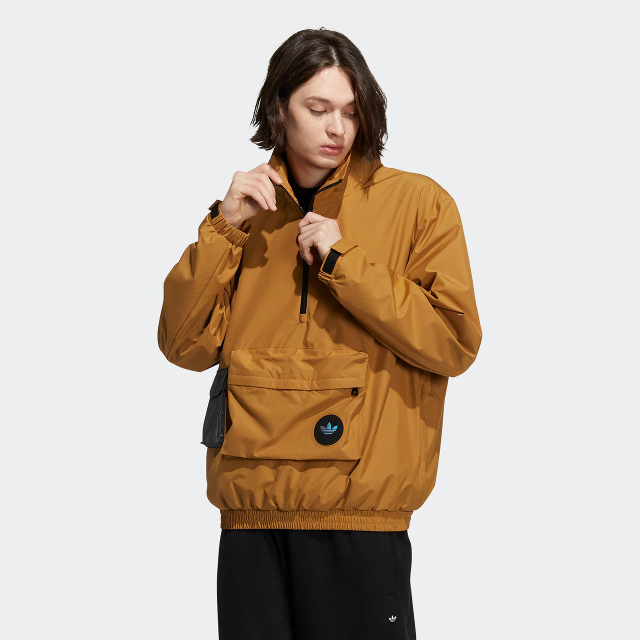 Men's adidas originals 3D Pocket Logo Outdoor Cardigan Woven Stand Collar Jacket Brown H58066
