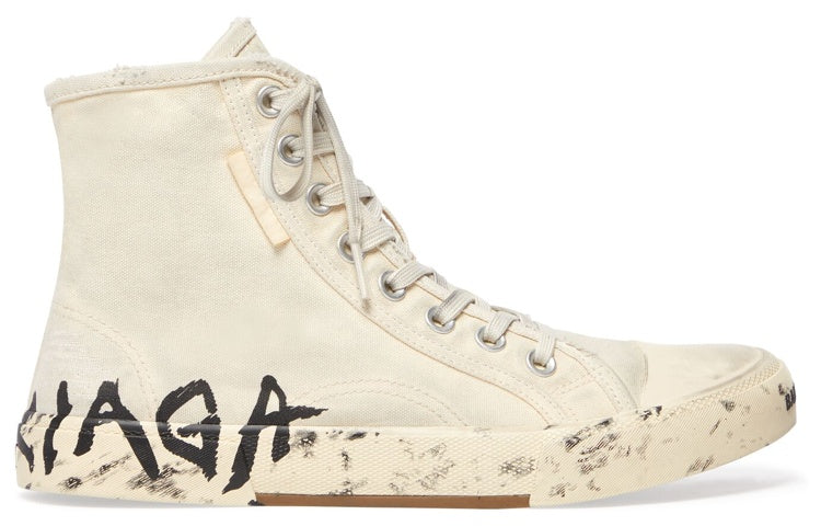 Balenciaga Paris High Top Sneakers 'White Destroyed Cotton and White Rubber with Graffiti' 688752W3RR49010