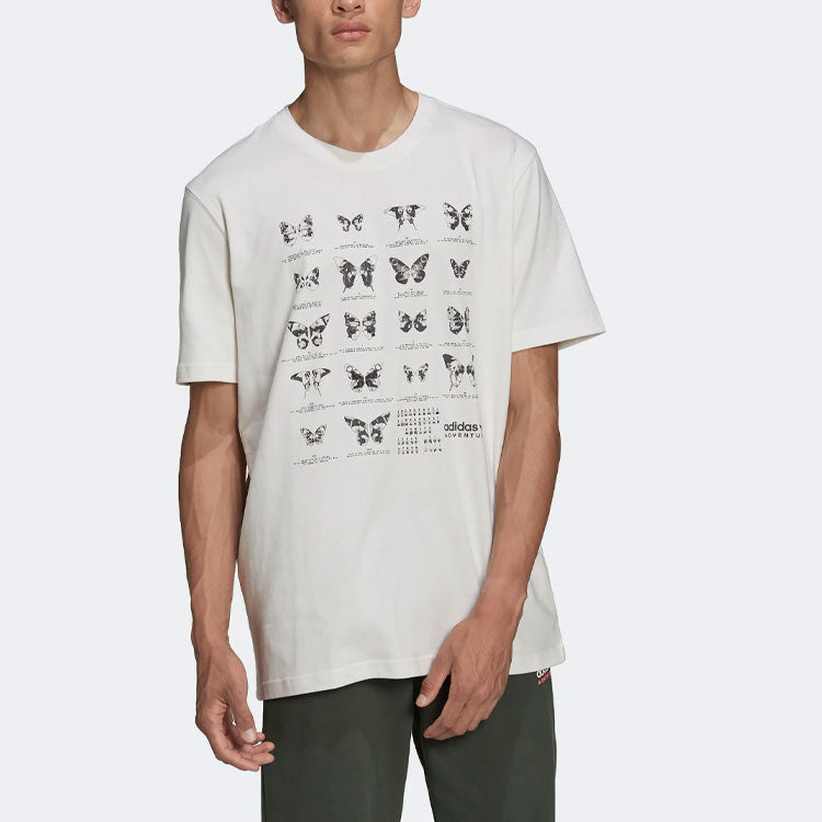 Men's adidas originals Butterfly Printing Casual Sports Loose Short Sleeve White T-Shirt HF4801