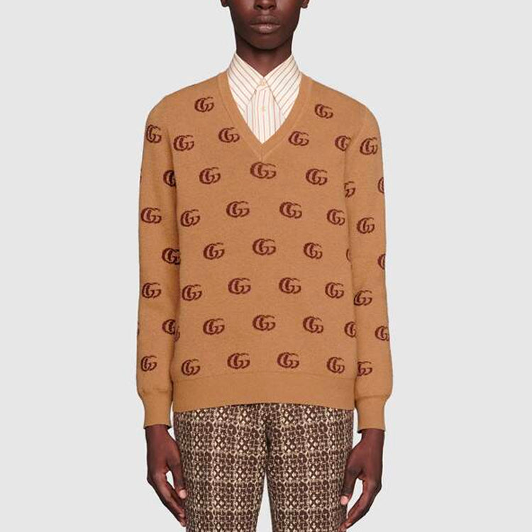 Gucci Double G Jacquard Wool V-Neck Sweater 'Camel Brown' 645292-XKBPF-8011