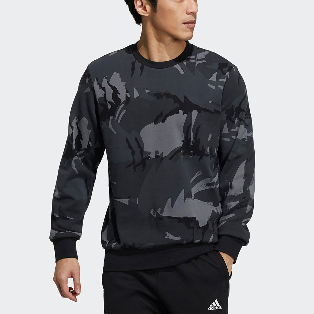 Men's adidas Fi Aop Camo Swt Camouflage Sports Round Neck Pullover Dark Grey H65646