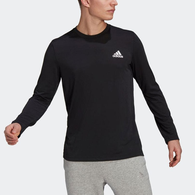 Men's adidas Solid Color Logo Micro Mark Round Neck Long Sleeves Black T-Shirt GT5563