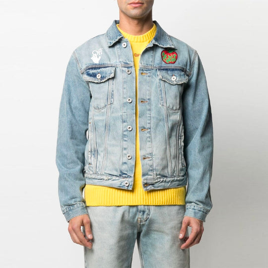 Off-White SS21 Apple Logo Pattern Denim Jacket Loose Fit Blue OMYE054S21DEN0024525