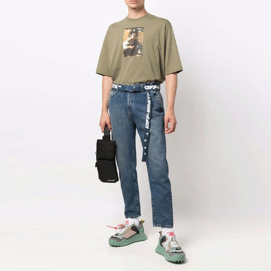 Men's Off-White Character Printing Round Neck Pullover Short Sleeve Loose Fit Green T-Shirt OMAA119F21JER0175584