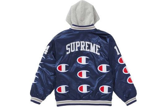 Supreme FW18 x Champion Hooded Satin Varsity Jacket Navy SUP-FW18-554