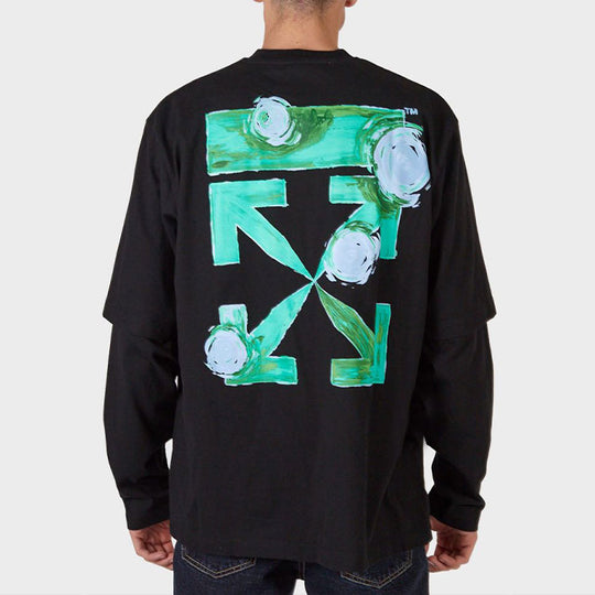 Men's Off-White FW21 Sleeve Printing Green Arrow Long Sleeves Loose Fit Black T-Shirt OMAB066F21JER0051084