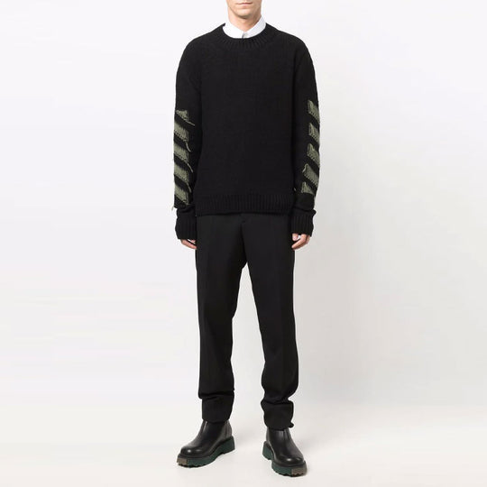 Men's Off-White FW21 Arrow Pattern Round Neck Pullover Wool Sweater Loose Fit Black OMHE088F21KNI0011055