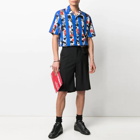 Off-White SS21 Flowers Printing Stripe Short Sleeve Shirt Version Blue OMGA163S21FAB0068400