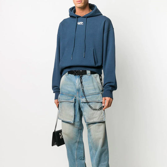 Off-White Logo Applique Hooded Sweater Men's Blue OMBB037F20FLE0074901