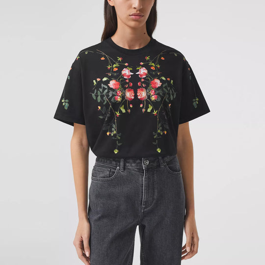 Burberry Rose Printing Cotton Loose Short Sleeve Black 80372951