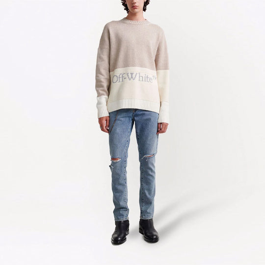 Men's Off-White FW21 Logo Pattern Round Neck Pullover Long Sleeves Colorblock Wool Sweater Loose Fit OMHE048F21KNI0016105