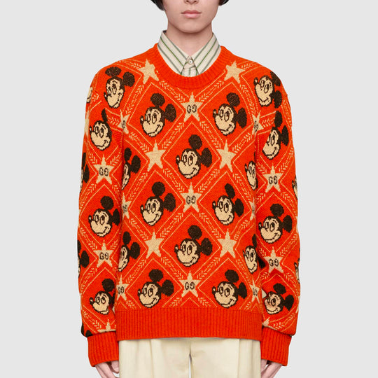 Gucci x Disney Mickey Mouse Pattern Crewneck Knitted Sweater For Men Orange 601563-XKA57-7481