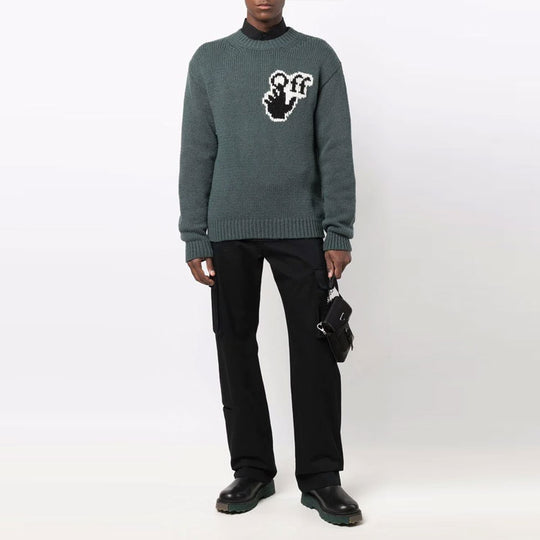 Men's Off-White FW21 Chest Intarsia Knit Logo Round Neck Long Sleeves Wool Sweater Loose Fit Green OMHE085F21KNI0015510