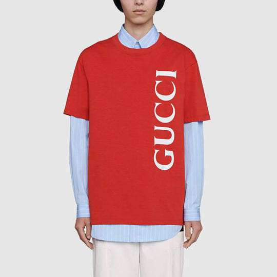 Men's Gucci Large Logo Printing Short Sleeve Red T-Shirt 565806-XJB2V-6068