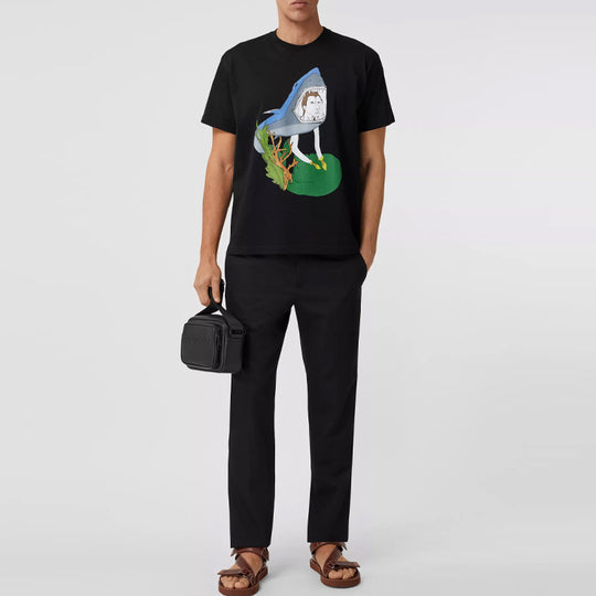 Men's Burberry SS21 Ocean Sketch Cartoon Printing Cotton Loose Short Sleeve Black 80406801