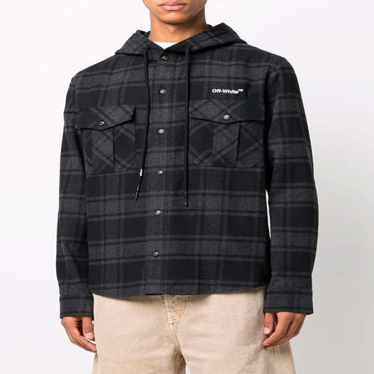 Off-White SS22 Plaid hooded Long Sleeves Shirt Version Black OMGA225C99FAB0010701