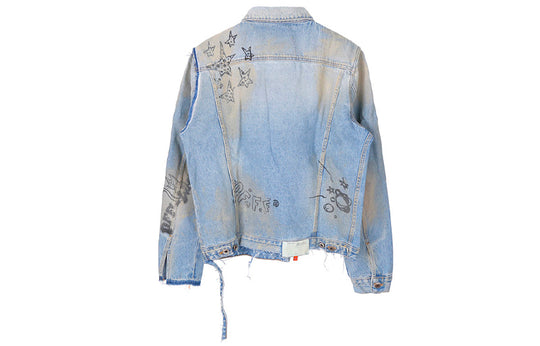 Men's Off-White Graffiti Denim Blue Jacket OMYE049F193860441428