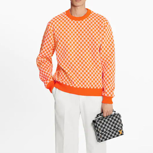 LOUIS VUITTON LV SS21 Monogram Plaid Crewneck Pullover For Men Orange 1A8P50