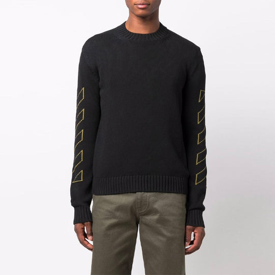 Men's Off-White FW21 Intarsia Pattern Long Sleeves Pullover Wool Sweater Black OMHE087F21KNI0011055