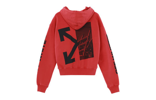 Off-White FW19 Splitted Arrows Oversized Graffiti Hooded Fleece Men Red OMBB037E19D250102010