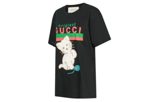 (WMNS) Gucci Cat Alphabet Cartoon Round Neck Pullover Short Sleeve Black 615044-XJCRG-1082
