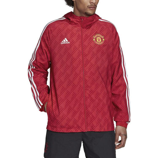 Men's adidas Solid Color Stand Collar Zipper Manchester United Soccer/Football Logo Sports Hooded Jacket Red HE6649