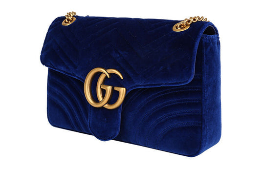 Gucci GG Marmont Gold Label Logo Distress Velvet Chain Shoulder Messenger Bag Navy Blue 443496-K4D2T-4511